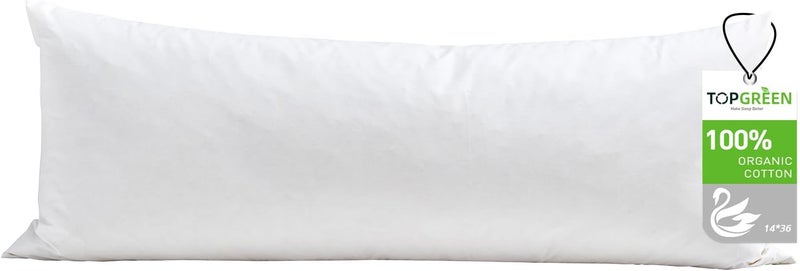 TOPGREEN وسادة ريش داون 14x36، غلاف قطن عضوي 100%، وسادة لومبار كبيرة، وسادة زخرفية لغرفة المعيشة، الأريكة، أو السرير (أبيض) - Image 1